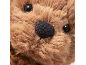 Nahaufnahme des Gesichts eines braunen Teddybären mit schwarzer Nase und Augen.