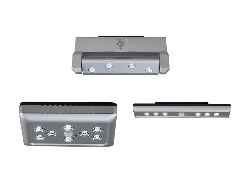 Drei Ansichten einer silbernen LED-Leuchte mit Bewegungssensor.