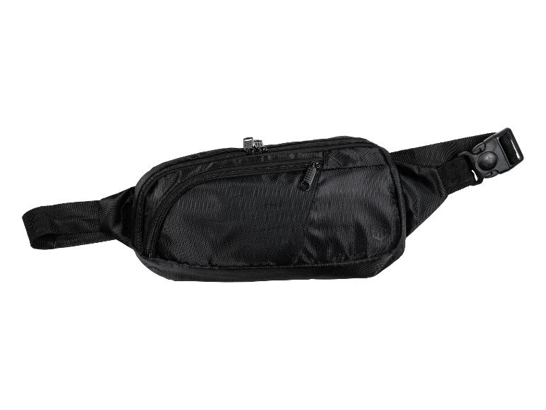 Schwarze Bauchtasche mit mehreren Reißverschlussfächern.