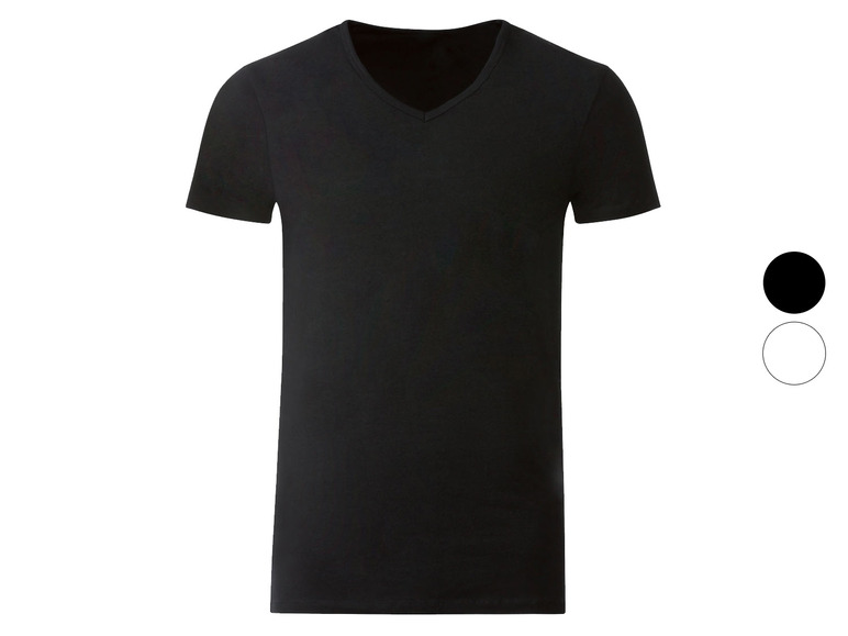 Schwarzes T-Shirt mit V-Ausschnitt und kurzen Ärmeln.