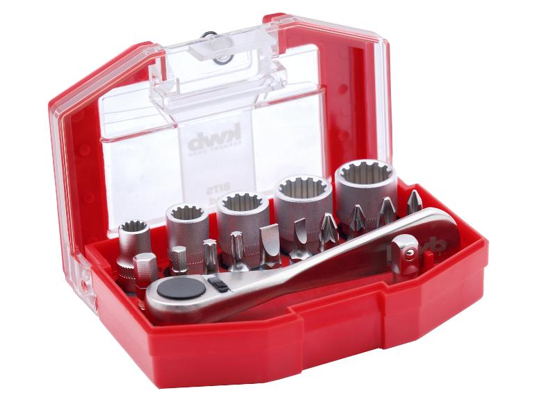 Steckschlüssel- und Bit-Set mit Ratsche in einer offenen, roten Box.