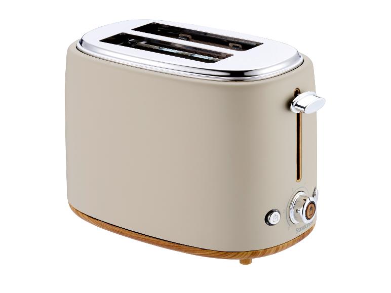Beigefarbener SilverCrest Toaster mit Holzdetails.