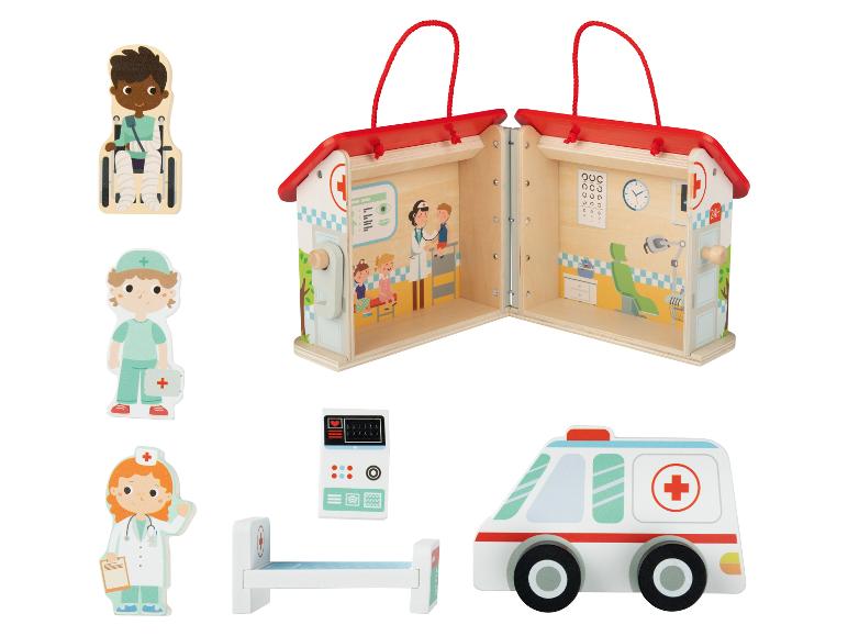 Holz-Doktorspielzeug: Krankenwagen, Klinik und Figuren.