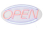 Ein rosa Neon-Schild mit der Aufschrift 'OFFEN' mit weißem Rand.