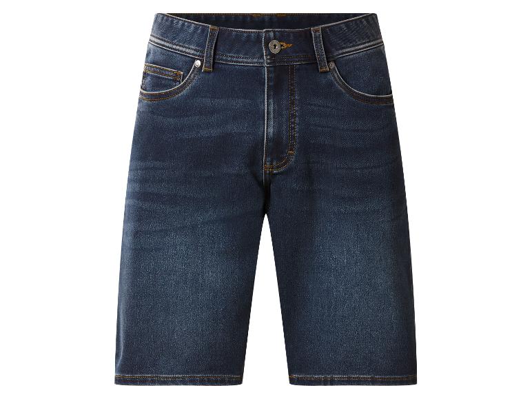 Dunkelblaue Jeans-Shorts mit orangefarbenen Nähten und Metalldetails.