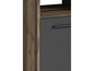 Dunkelgrauer Schrank mit Holzregal und Griff.