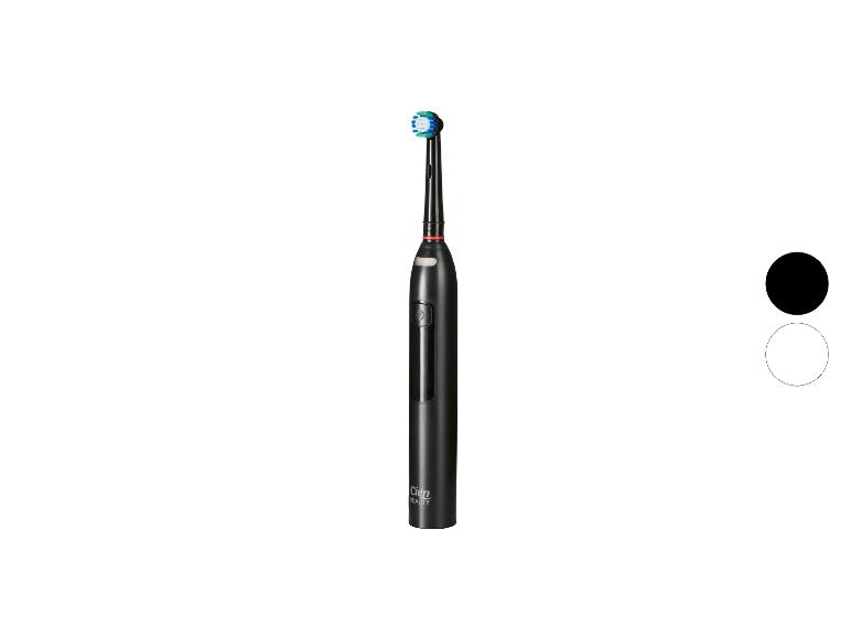 Schwarze elektrische Zahnbürste mit rundem Bürstenkopf und zwei Farboptionen.