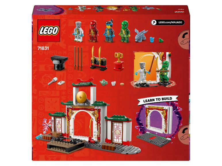 LEGO Ninjago 71831 Box mit Minifiguren, Zubehör und einem baubaren Tempel.