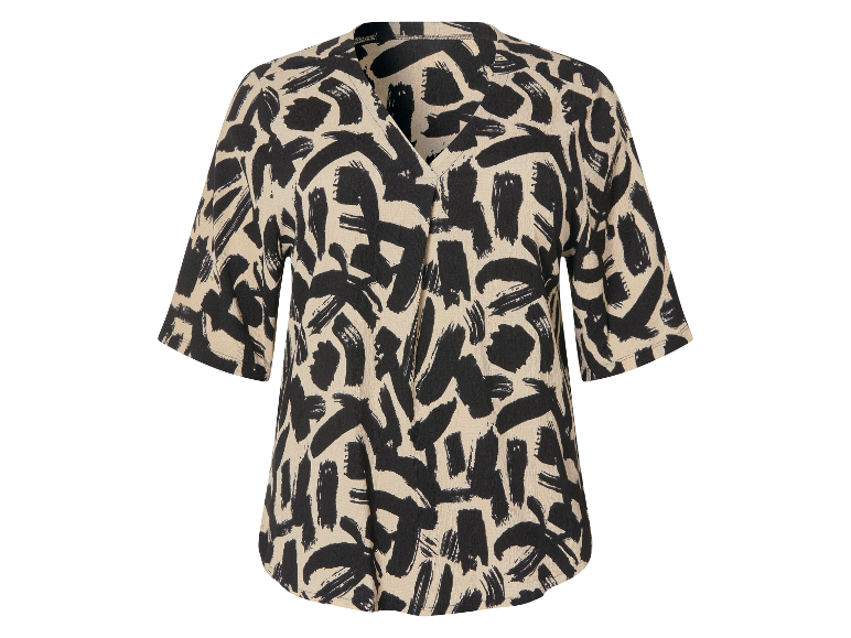 Kurzarm-Bluse, beige und schwarz, abstrakter Druck.
