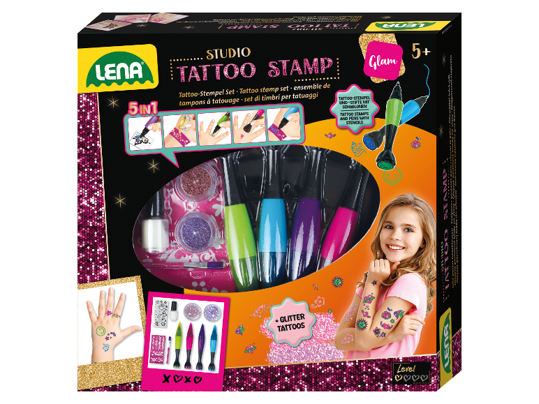LENA Studio Tattoo Stamp Set: Glitzer-Tattoostempel und Stifte.