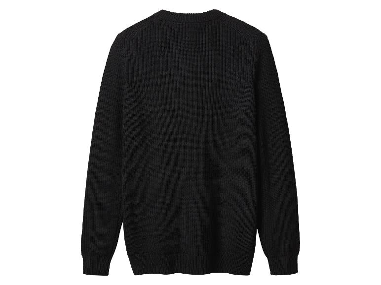 Schwarzer Strickpullover mit langen Ärmeln und Rundhalsausschnitt, Rückansicht.