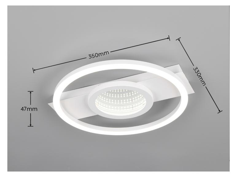 Weiße LED-Deckenleuchte im Kreisdesign mit Abmessungen von 350x330x47mm.