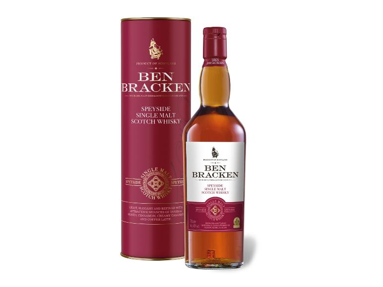 Speyside Single Malt Scotch Whisky Flasche und elegante Präsentationsröhre.