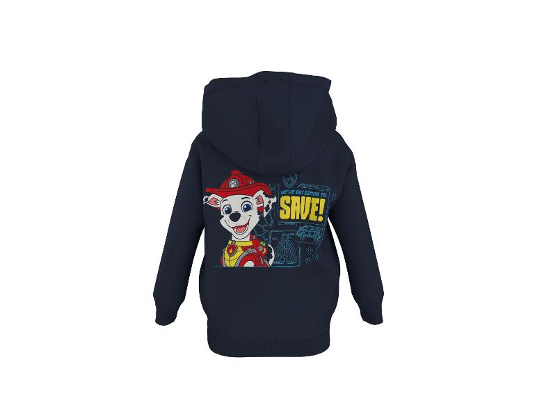 Dunkelblauer Kapuzenpullover mit einem Cartoon-Hund-Aufdruck und dem Text „WE'VE GOT DINOS TO SAVE!“.