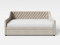 Ein beigefarbenes, geknöpftes Schlafsofa.