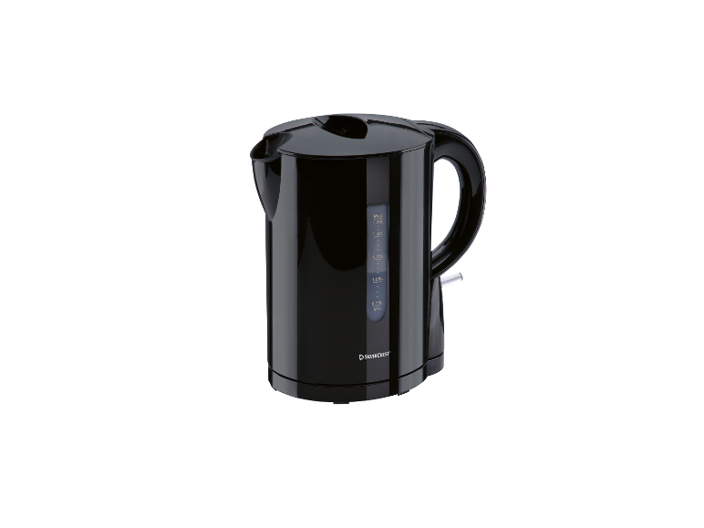 Schwarzer SilverCrest Wasserkocher vor weißem Hintergrund.