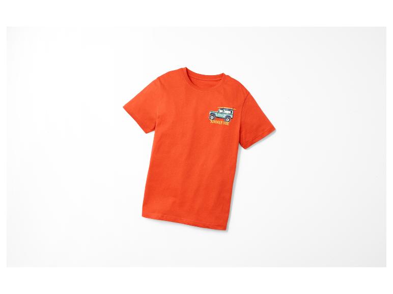 Oranges Kinder-T-Shirt mit Auto-Motiv und dem Schriftzug "Summer Vibe".