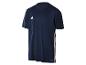 Dunkelblaues Adidas AEROREADY Sport-T-Shirt mit kurzen Ärmeln und drei weißen Seitenstreifen.