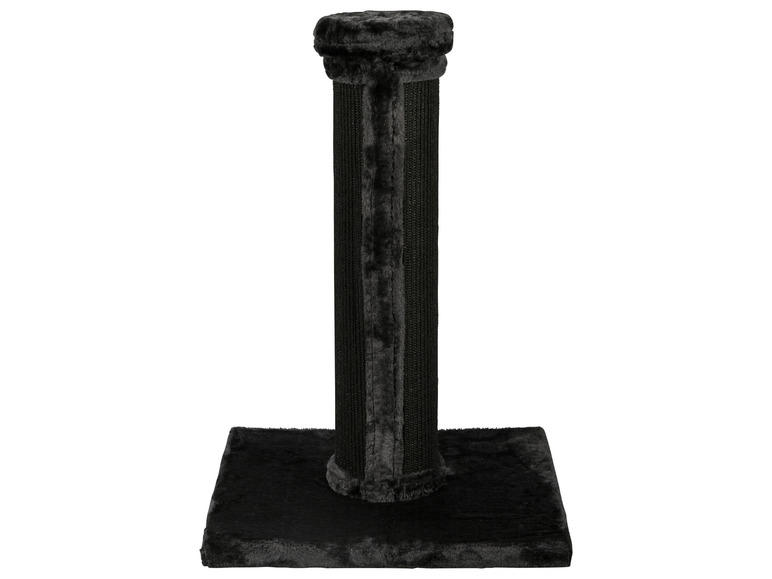 Ein schwarzer Kratzbaum mit einem plüschbezogenen Sockel.