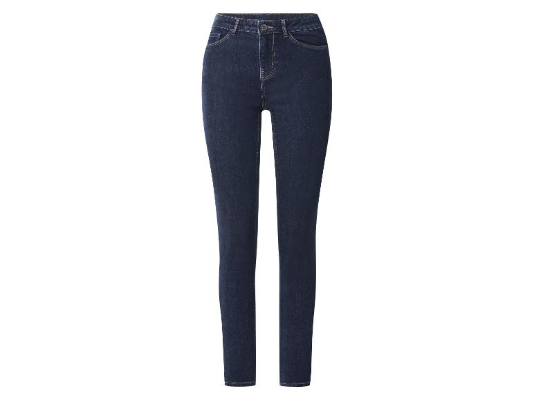 Dunkelblaue Damen-Skinny-Jeans mit Knopf- und Reißverschluss.