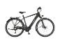 Schwarzes Trekking-E-Bike mit Gepäckträger, Schutzblechen und Federgabel.