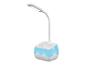 Weiße Schreibtischlampe mit blauer Basis.