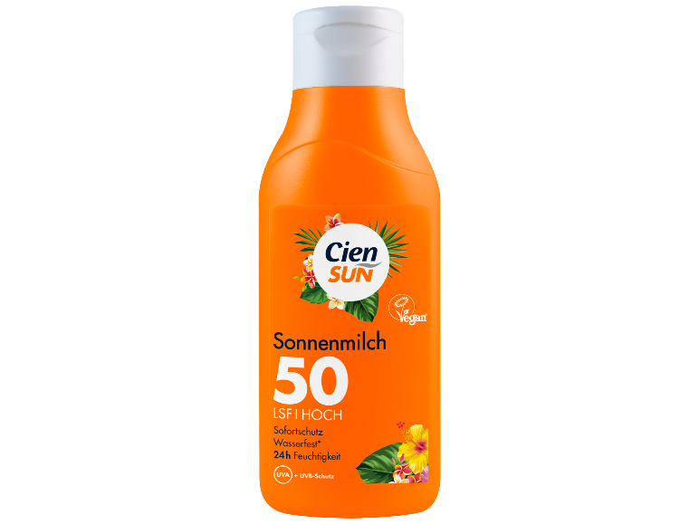 Sonnenmilch mit LSF 50, Sofortschutz, wasserfest und 24h Feuchtigkeit.