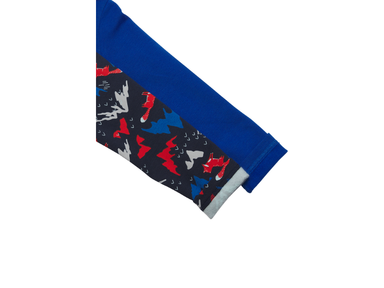 Zwei Langarmshirts, eines blau und eines dunkelblau mit Fuchs- und Bergmuster.