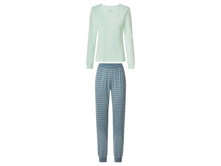 Zweiteiliger Damenpyjama in Mintgrün und gestreiftem Blau.