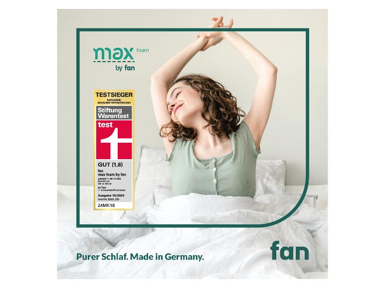 Werbung für die max foam by fan Matratze, von Stiftung Warentest als gut bewertet.