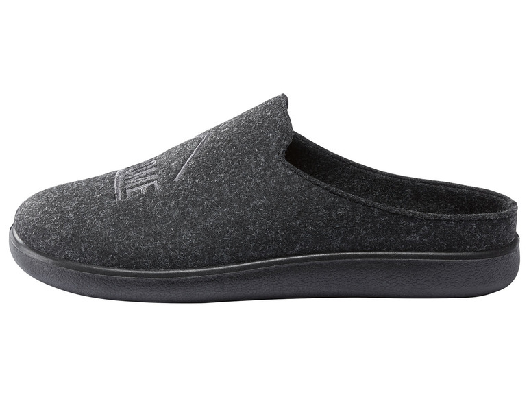 Graue Wollpantoffeln mit schwarzer Sohle.