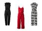 Drei Overalls: schwarz, rot und schwarz-weiß gemustert.