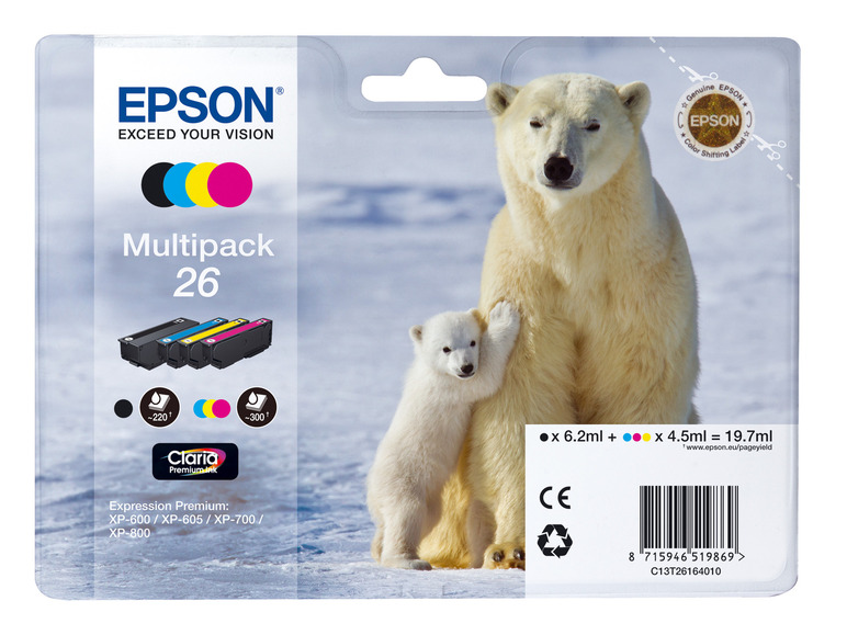 Gehe zu Vollbildansicht: EPSON »26« Eisbär Multipack Tintenpatronen Schwarz/Cyan/Magenta/Gelb - Bild 1