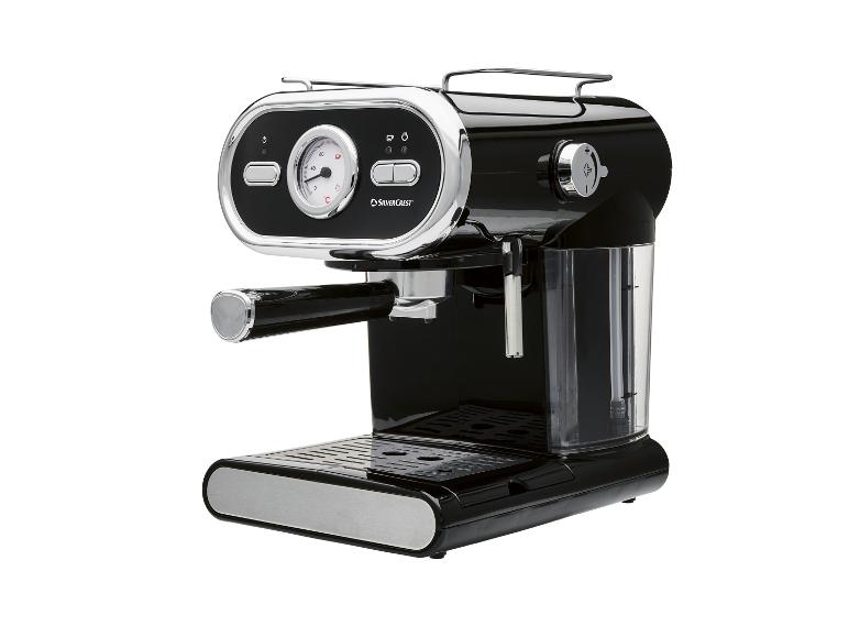 Schwarze Espressomaschine mit Chromdetails und Manometer.