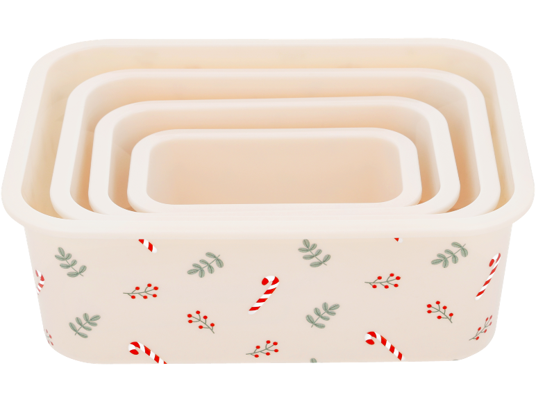 Set ineinandergreifender Aufbewahrungsboxen mit weihnachtlichem Zuckerstangen- und Stechpalmenmuster.
