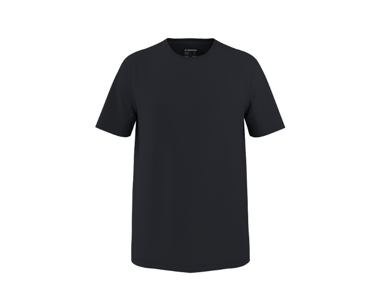 Schwarzes Kurzarm-T-Shirt mit weißem Etikett am Kragen.