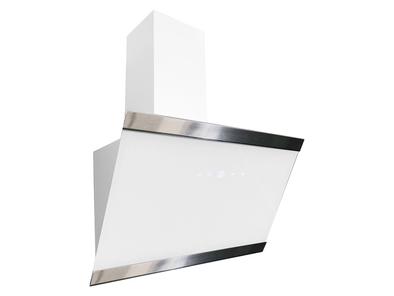 Weiße Dunstabzugshaube mit Edelstahl-Akzenten.