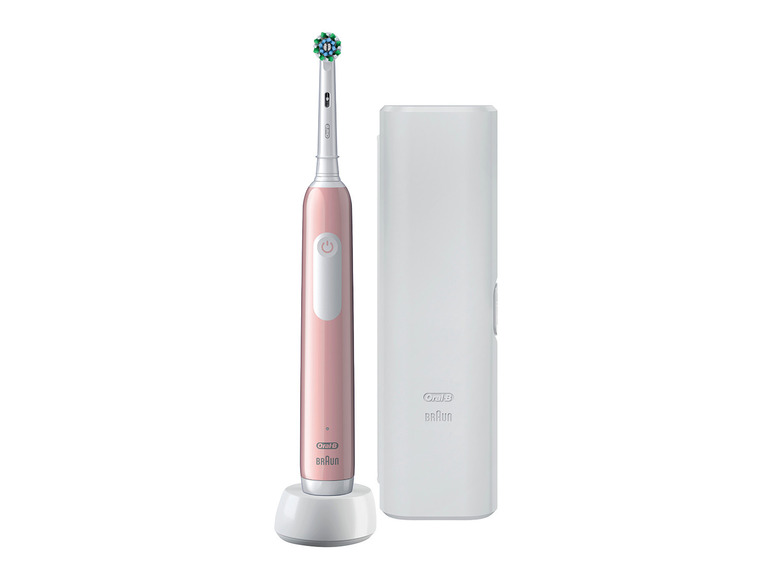 Eine rosa elektrische Zahnbürste von Oral-B Braun mit Ladegerät und Etui.