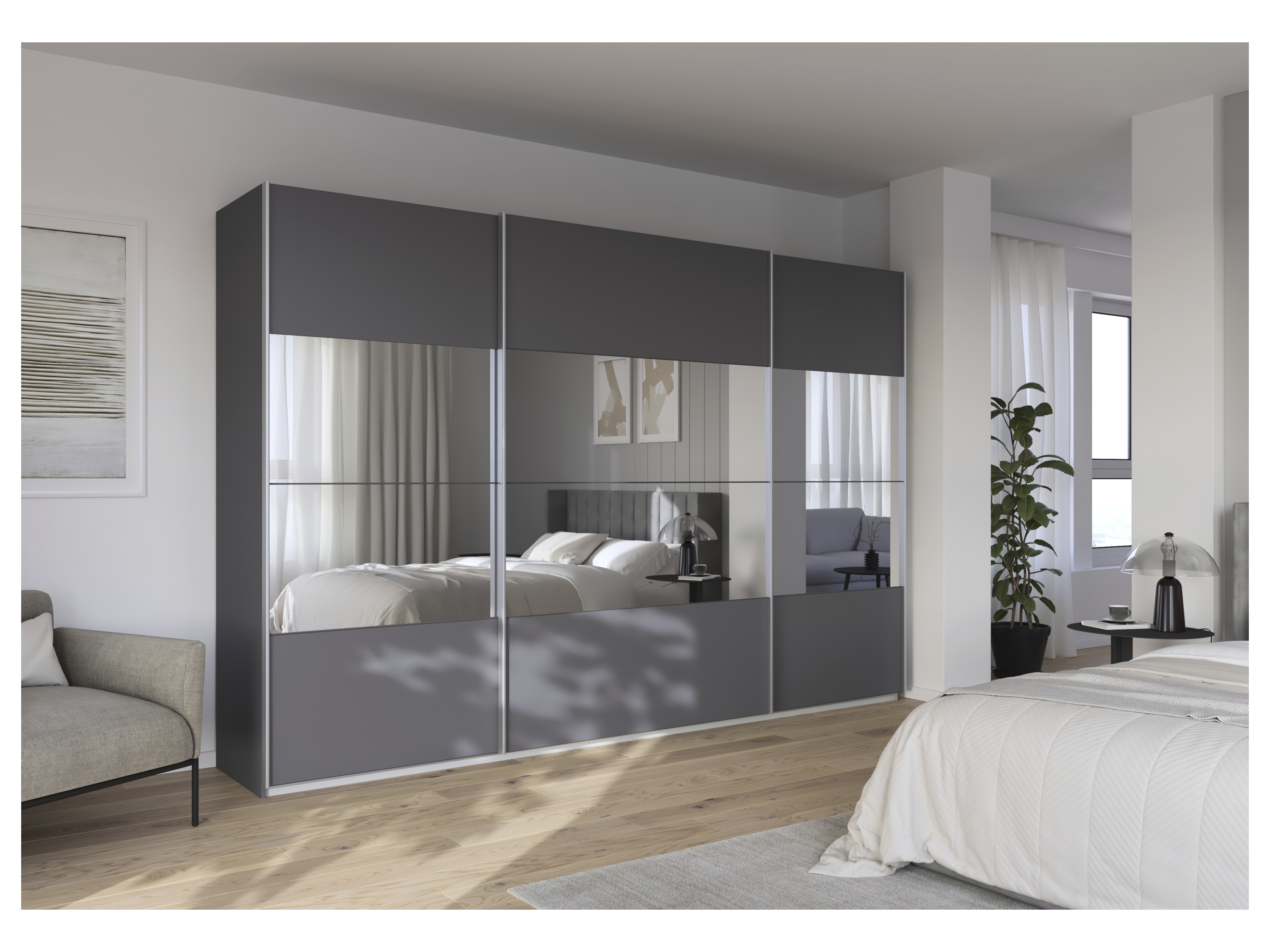 RAUCH ORANGE Quadra Schwebetürenschrank mit Spiegelelementen (Premium-Zubehör, Korpus: Graumetallic, 315 x 210 cm) – Bild 2 von 4