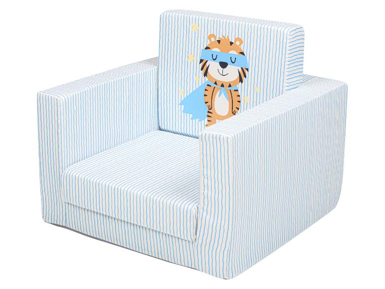 Kinder-Sessel mit blau-weißen Streifen und Superheld-Tiger-Aufdruck.