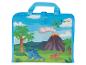 Kindertasche mit Dinosauriern, Vulkan und Palmen.