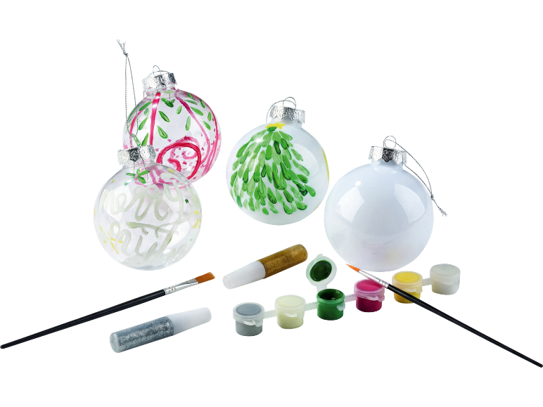Weihnachtskugel-Bastelset mit Farben, Pinseln und Glitzer.