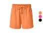 Orangefarbene Damenshorts mit verstellbarem Kordelzug, auch in Pink und Schwarz erhältlich.