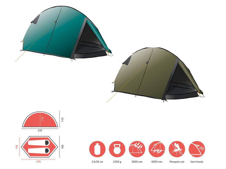 Zwei Zelte, eins grün und eins braun, mit Details wie einem Moskitonetz und Belüftungslöchern.