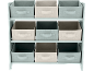 Aufbewahrungseinheit mit neun Stoffboxen in Hellblau, Beige und Dunkelgrau.