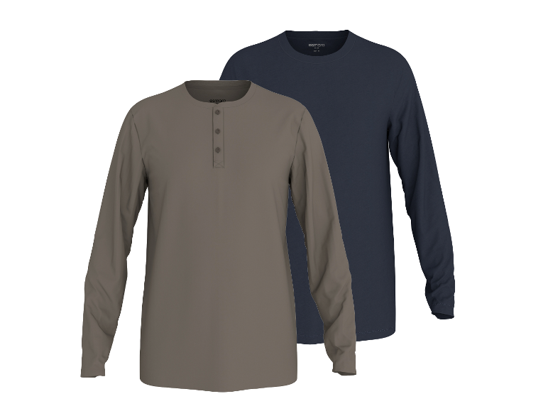 Zwei Langarmshirts für Herren, eines in Grau mit Knopfleiste und eines in Marineblau.