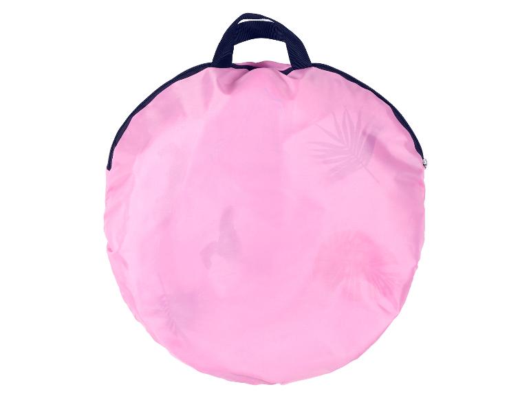 Runde rosa Strandtasche mit blauen Griffen und Reißverschluss