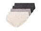 Set aus fünf Damen-Slips mit Spitzenbesatz in Grau- und Beigetönen.