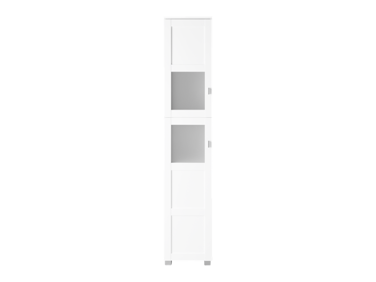 Weißer Hochschrank mit zwei mattierten Glastüren und silbernen Griffen.