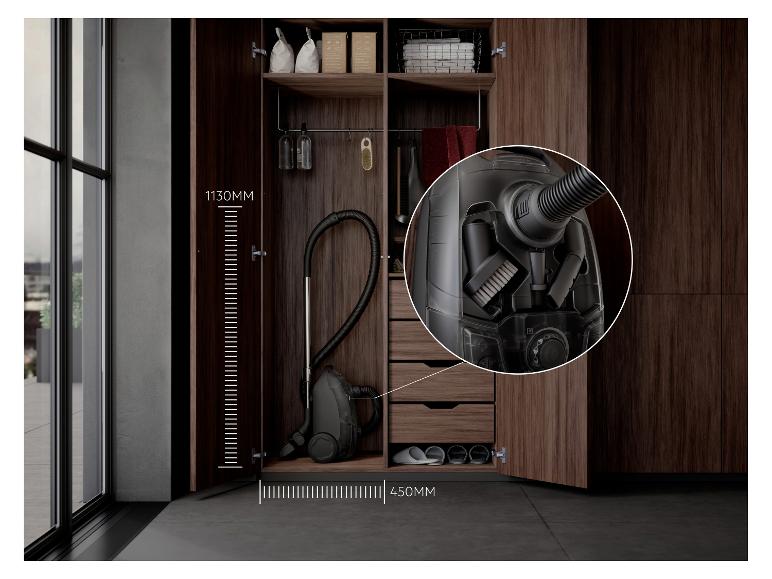 Staubsauger in einem Schrank mit den Maßen 1130 mm Höhe und 450 mm Breite.